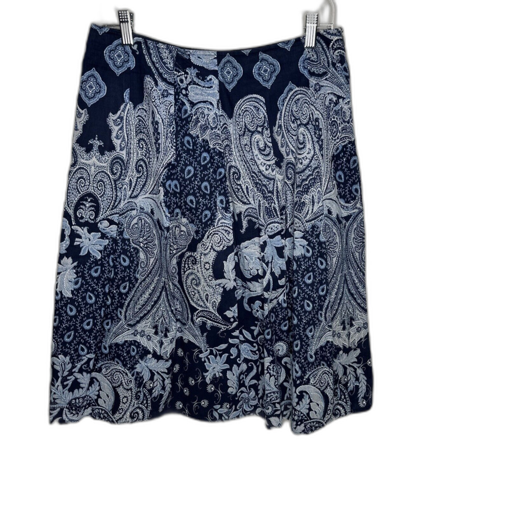 Andre Oliver Womens Midi Skirt Paisley Blue White Size 8 Side Zip Cotton Pleated